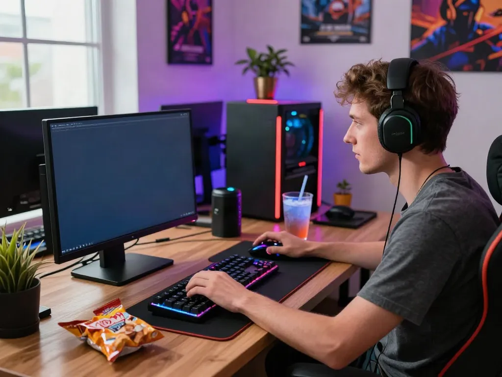 Engaging home office setup for online gaming, showcasing non UK casinos atmosphere with gaming accessories and vibrant lighting.