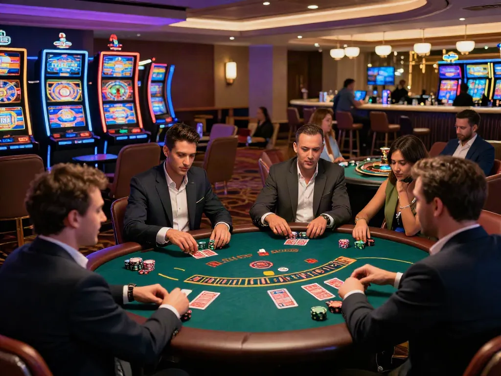 Exciting atmosphere at non UK casinos with players enjoying various games in a luxurious setting.