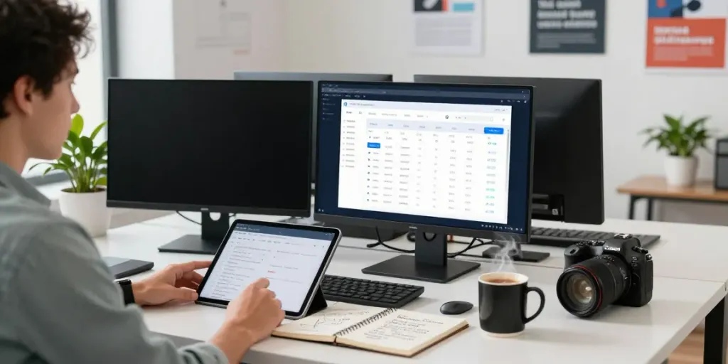 SEO specialist analyzing instant indexing data in a vibrant digital marketing workspace.