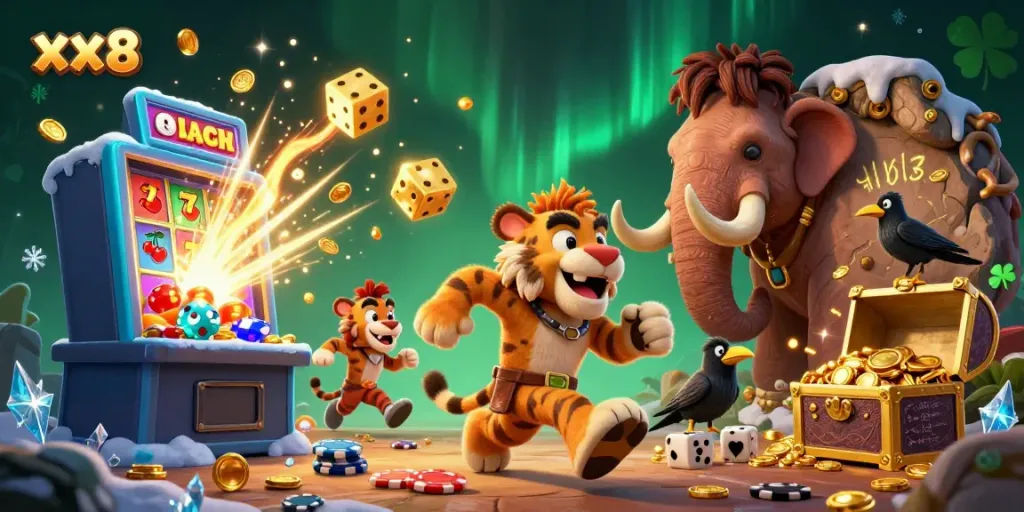 Experience the thrill of xx8 with a lively prehistoric casino scene filled with ancient gaming elements and colorful animations.