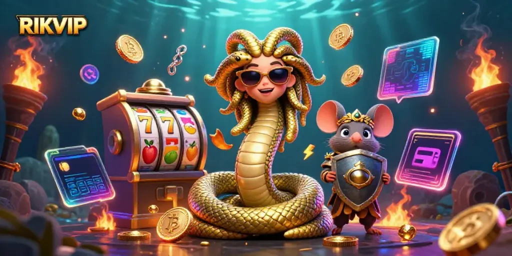 Engage with RIKVIP gaming excitement in this colorful, high-energy casino scene.