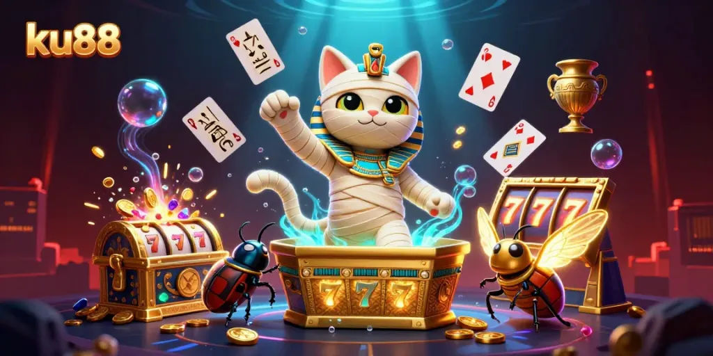 ku88 offers thrilling visuals of a mummy cat in a pyramid casino with slot reels and golden treasures.