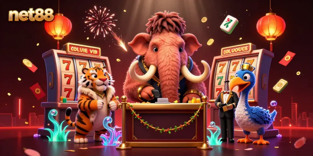 Experience the thrill of net88 with a fantastical casino bouncer scene showcasing vibrant game elements.