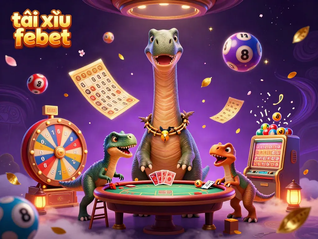 Tài xỉu febet illustration showing vibrant casino scene with dynamic lottery balls and playful characters.