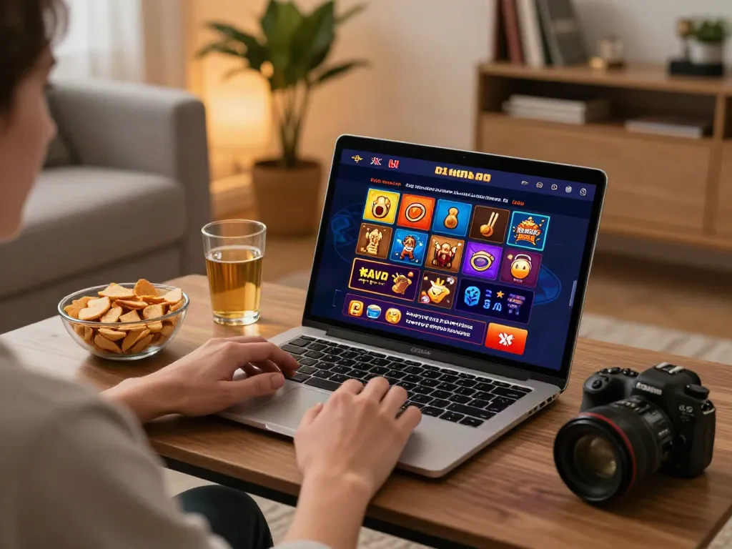Engaging scene showcasing a player exploring non UK casinos online with vibrant graphics in a cozy living room.