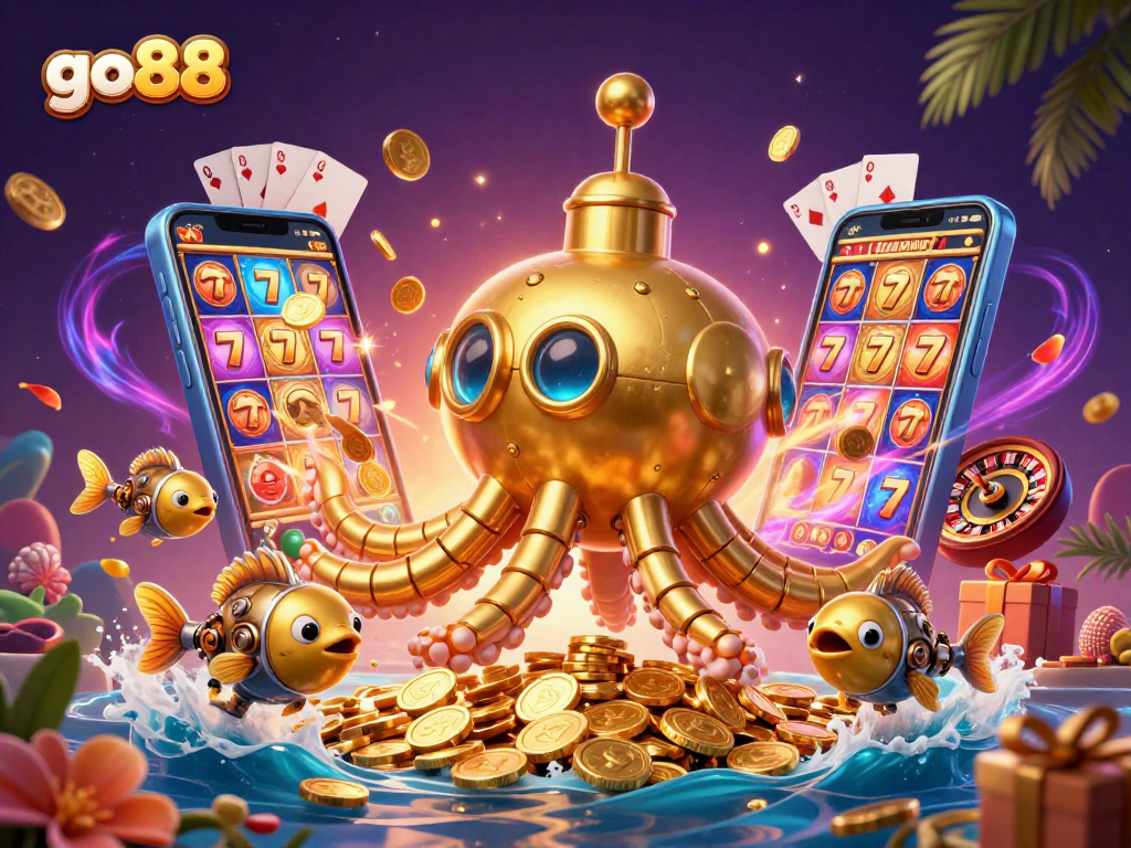Experience go88 excitement with a vibrant 3D casino scene featuring a golden kraken and slot games.