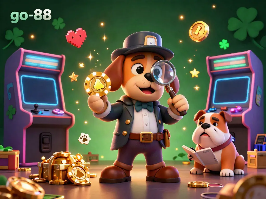 Join the action at go-88 with a cartoon detective and his dog amidst glowing casino elements, searching for clues.