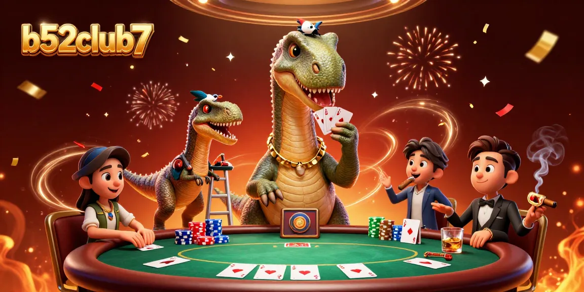 Engage in the vibrant world of b52club7, featuring a card-dealing raptor and a towering brontosaurus in a lively casino.