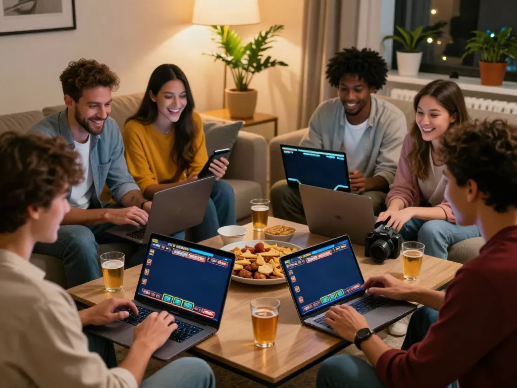 Friends enjoying online gaming at home, emphasizing non UK casinos experience.
