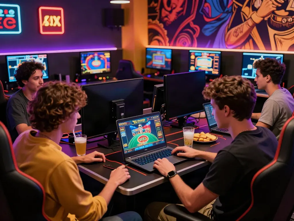Friends enjoying online games at non UK casinos in a vibrant gaming room
