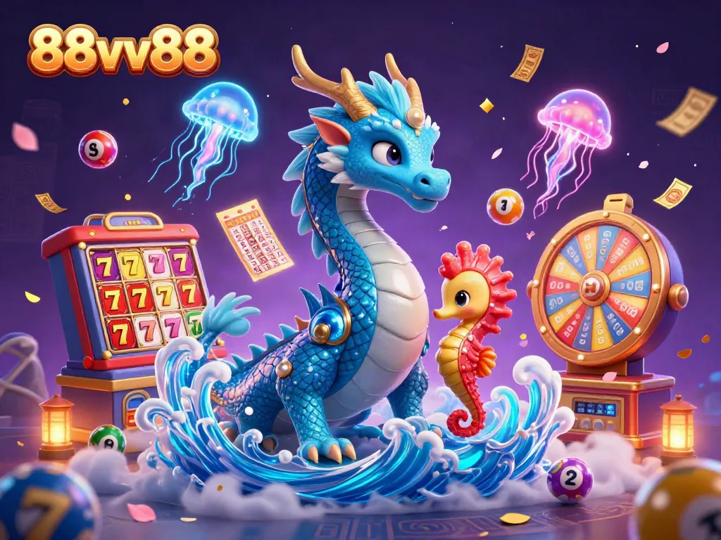 Immerse in the world of 88vv88 with a vibrant 3D illustration of a dragon, knight, and jellyfish amidst lottery excitement.
