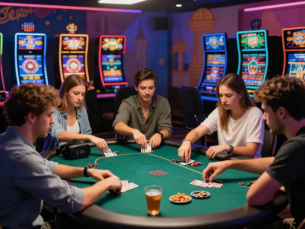 Exciting scene of young adults enjoying non UK casinos at a lively gaming table, illuminated by colorful lights.