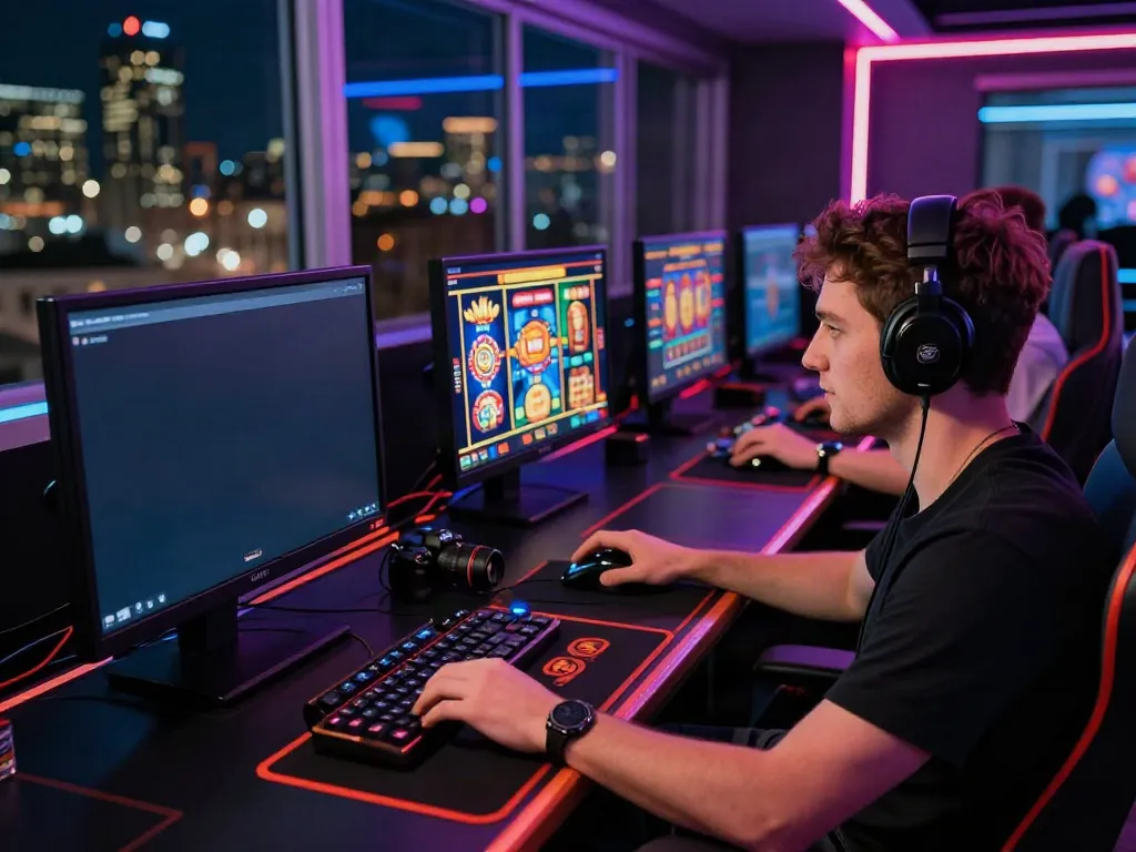 Player immersed in non UK casinos on multiple screens with vibrant games.