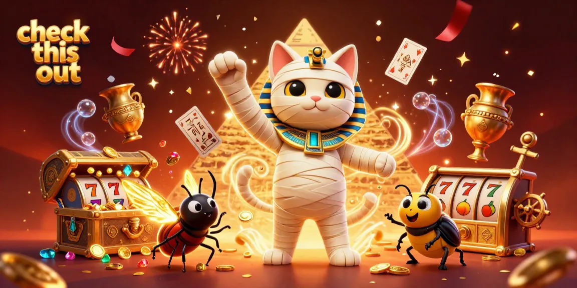 Check this out at the vibrant online casino featuring a mummy cat and glowing scarab beetle.