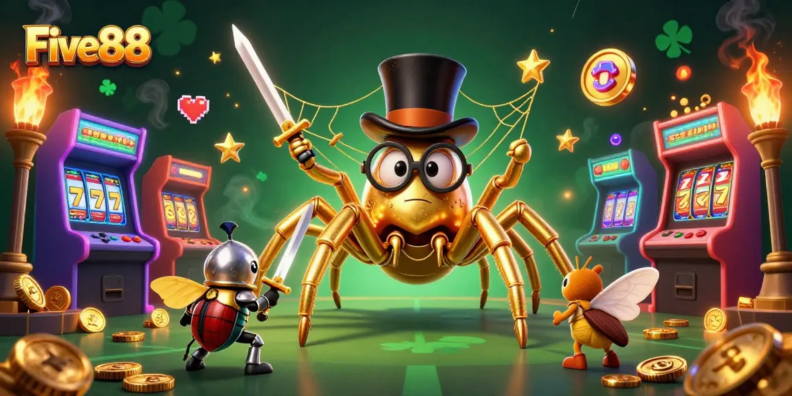 Engage with Five88's thrilling world featuring a golden tarantula and beetle knight in an exhilarating casino setting.