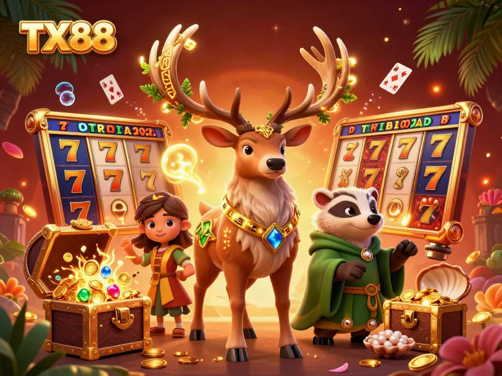 Experience the excitement of TX88 with rich visuals and dynamic game elements in a lively casino scene.