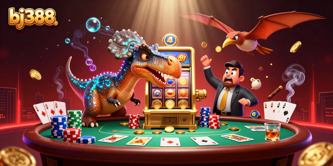 BJ388 brings excitement as a pachycephalosaurus wins jackpots, creating a vibrant casino scene.
