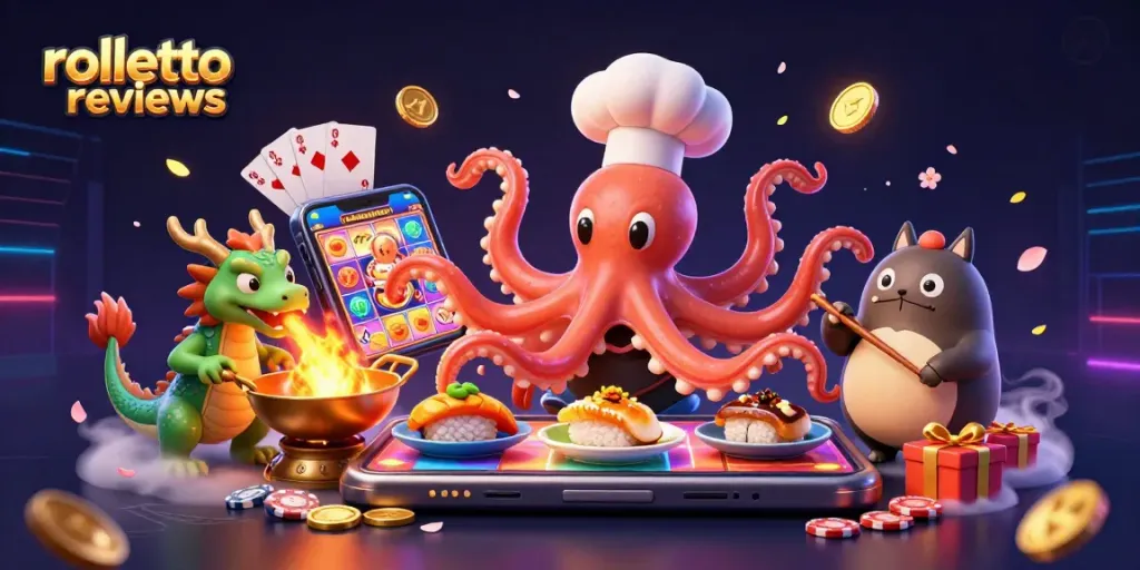 Experience rolletto reviews with a vibrant 3D casino scene featuring characters and gaming elements.