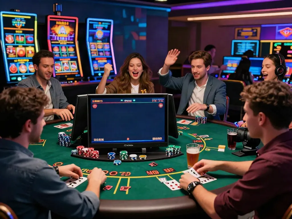 Diverse players enjoying multiple games in a vibrant online casino representing non UK casinos, showcasing a lively and engaging atmosphere.