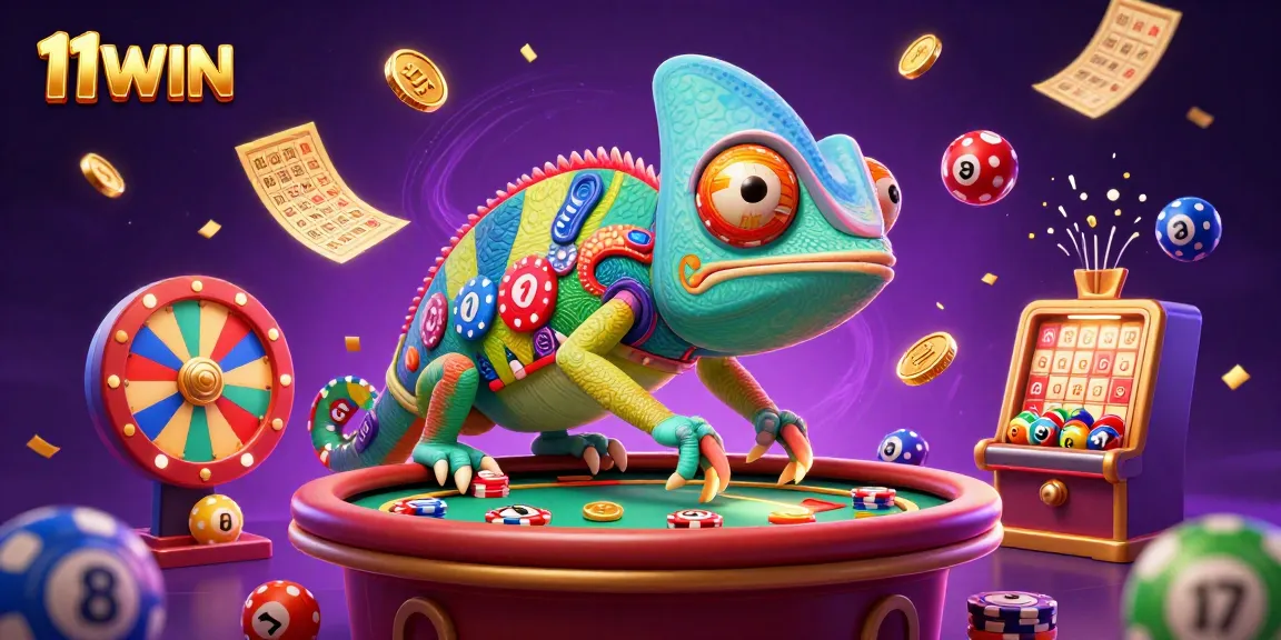 Experience the thrill of 11WIN with our vibrant casino scene featuring a colorful chameleon and dynamic gaming elements.