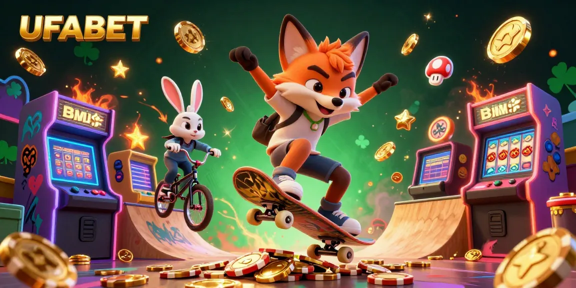 Join the excitement at UFABET with a vibrant casino-themed scene, showcasing a skateboarder fox and BMX rabbit in action.