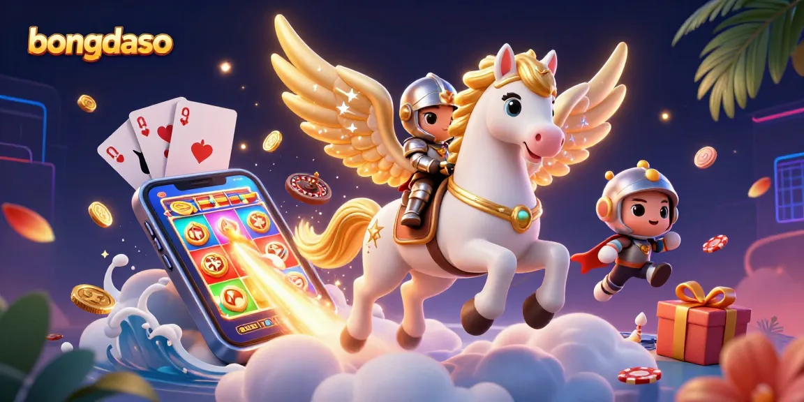 Bongdaso showcases an exciting win with a celestial horse and knight amidst vibrant casino elements.