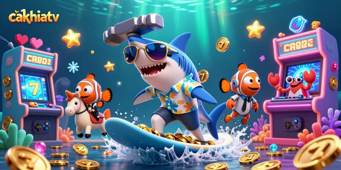 Cakhiatv features a vibrant scene with a shark and clownfish amongst gold coins and exciting casino elements.