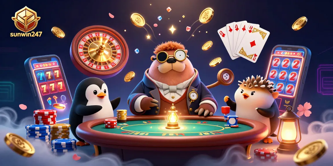 Play at sunwin247 with a jolly walrus, a sophisticated penguin dealer, and a bluffing pufferfish amidst casino excitement.