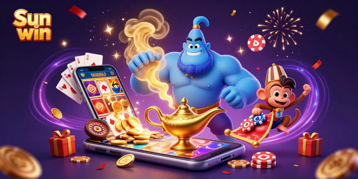 Play vibrant slot games with Sun win in a colorful casino scene featuring a genie and magical elements.