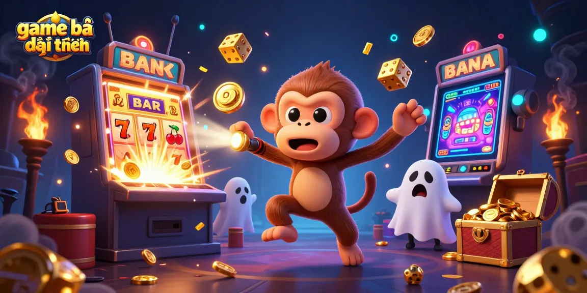 Engage in thrilling game bài đổi thưởng with a mischievous monkey and ghost-hunter puppy in a vibrant casino scene.
