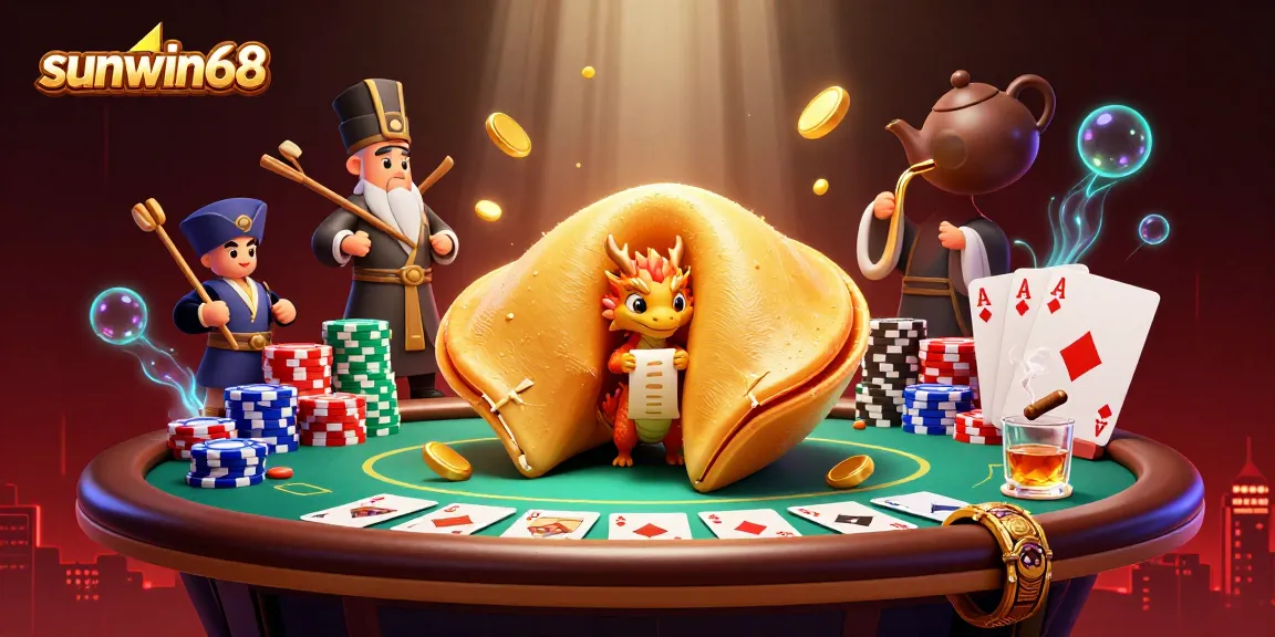 Engage with the dynamic sunwin68 gaming scene featuring a golden fortune cookie and poker action.