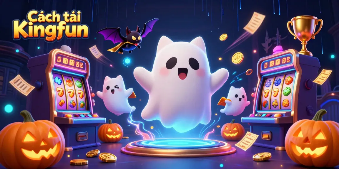 Engage in thrilling gaming excitement with Cách tải Kingfun showcasing a playful ghost cat and a vibrant casino atmosphere.
