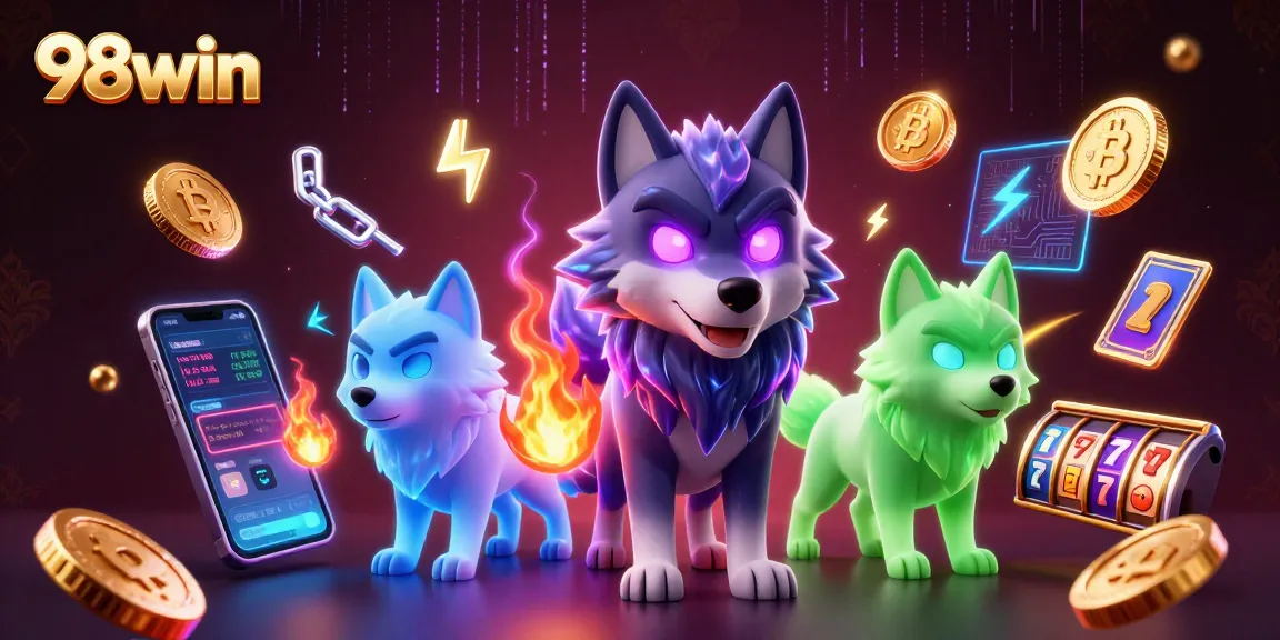 Engage with thrilling games at 98win, featuring vibrant 3D illustration of energetic casino elements.