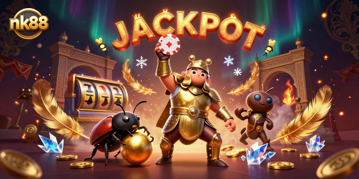 Experience the thrill of nk88 casino with a heroic beetle lifting a poker chip in an exciting jackpot scene.