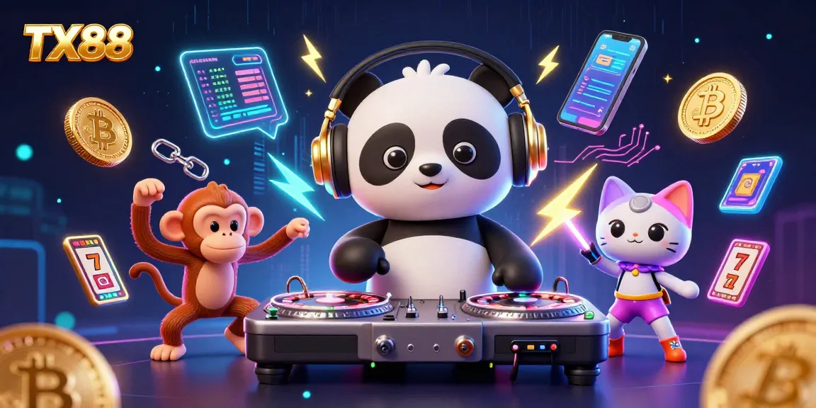 Experience the vibrant atmosphere of TX88 casino with DJ panda, dancing monkey, and kitten.