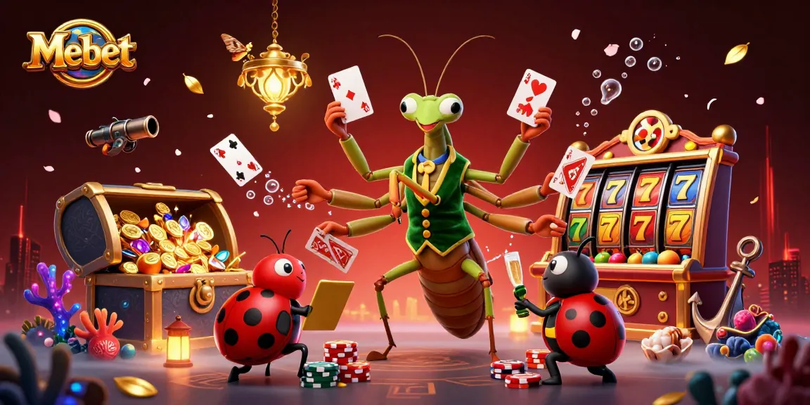Mebet features a giant mantis dealer engaging with vibrant slot elements, champagne, and immersive casino decor.