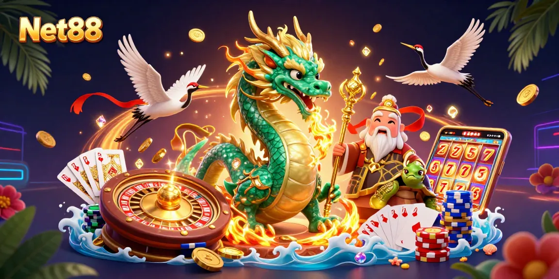 Engage with Net88's thrilling gaming experience featuring a vibrant dragon, rich casino elements, and dynamic action.