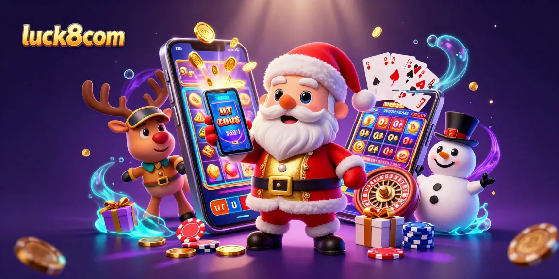 Experience luck8com's thrilling online gaming with vibrant Santa, reindeer, and snowman casino fun!