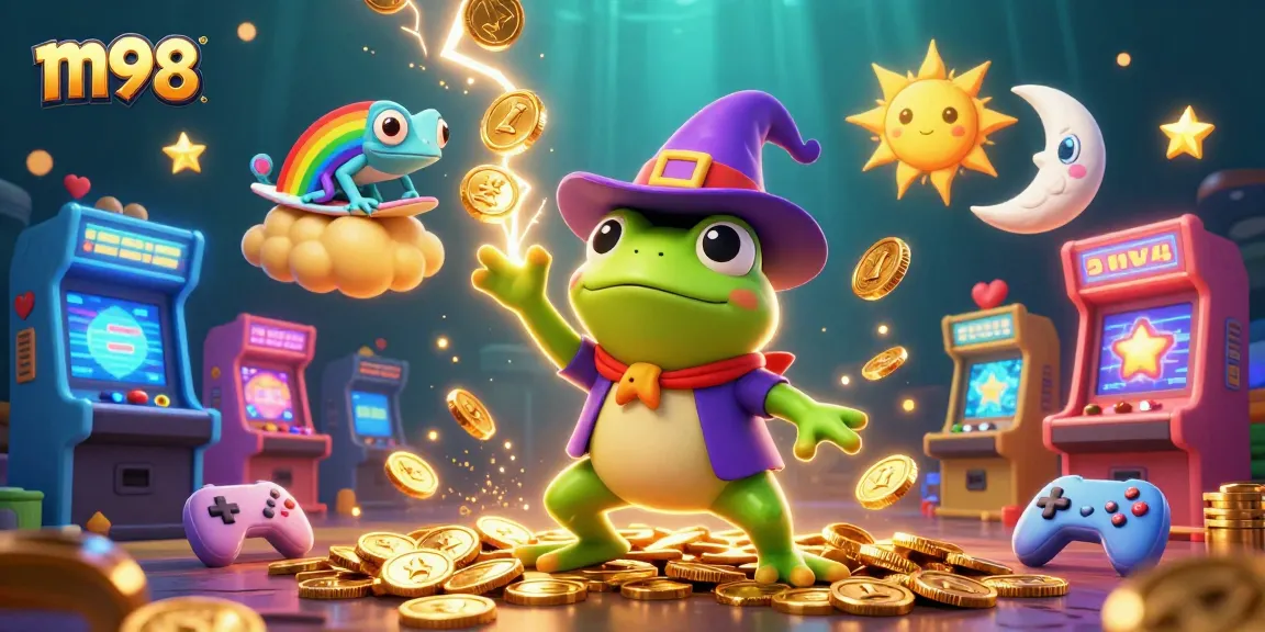 Experience the thrilling world of m98 as a wizard frog conjures golden coins amidst lively gaming elements.