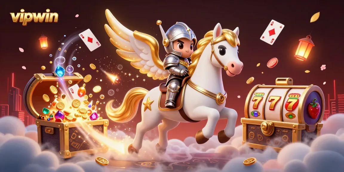 Join the adventure with vipwin as the celestial horse and knight explore a vibrant casino world.