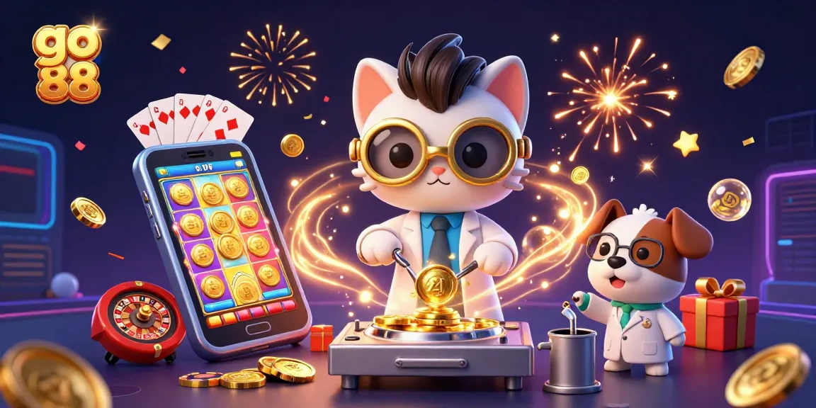 Engage with go 88's vibrant scene featuring a mad scientist cat and dog in an exciting casino lab.