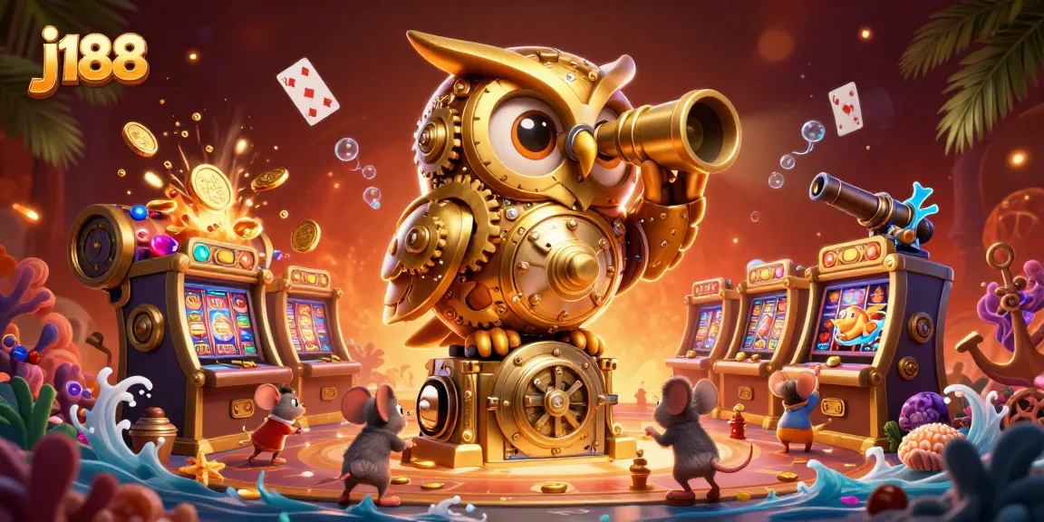Experience thrilling gameplay with j188's clockwork owl and lively casino atmosphere