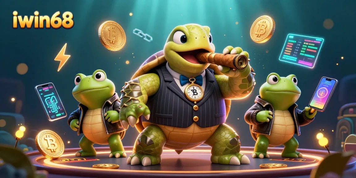 Engage with iwin68 in a vibrant casino scene with a cartoon turtle and bullfrog enforcers.