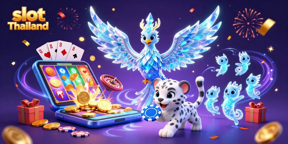 Menangkan slot Thailand dengan ilustrasi 3D menakjubkan yang menunjukkan phoenix es, chip poker, dan elemen permainan lainnya.