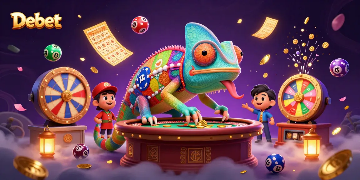 Engage with Debet’s vibrant casino world featuring a colorful chameleon and dynamic game elements.