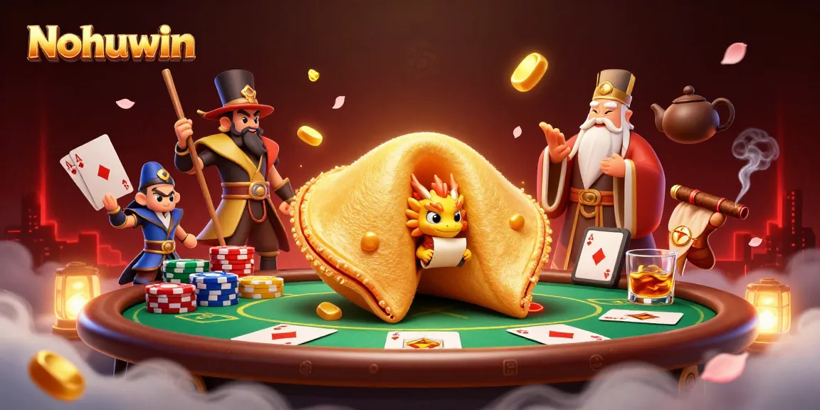 Nohuwin showcases a vibrant casino scene with a golden fortune cookie and gaming elements.