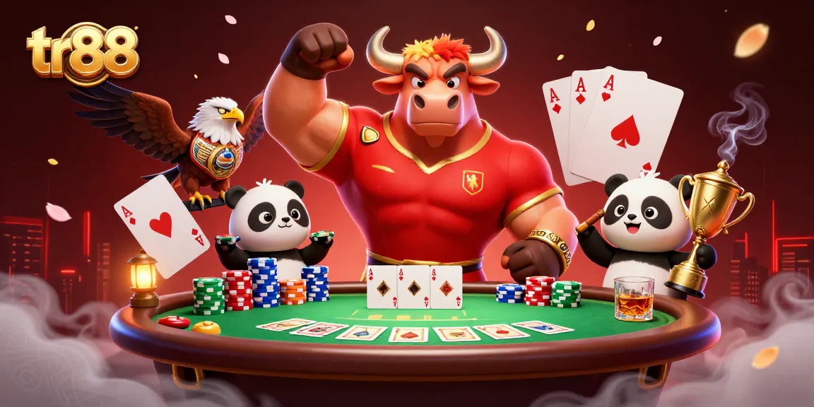 tr88 showcases a muscular bull mascot celebrating with poker chips and a trophy, emphasizing casino excitement.