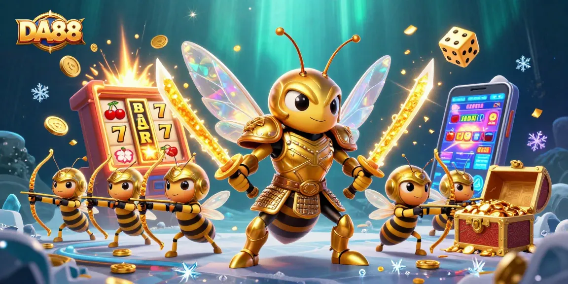 Engage with DA88 in an electrifying casino scene featuring golden hornets and dynamic slot action.