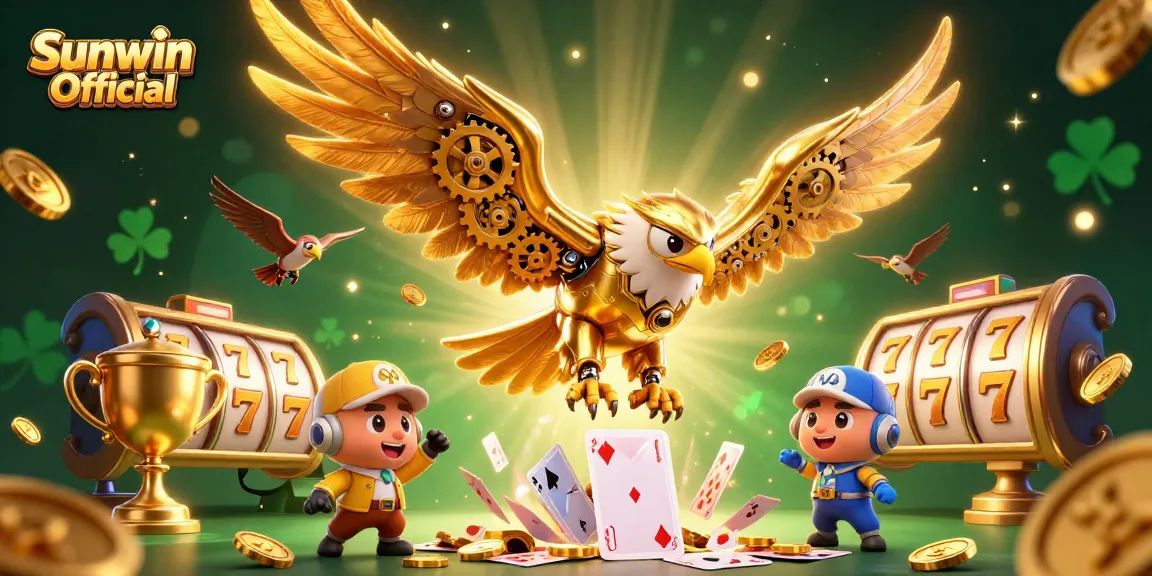 Win big with Sunwin Official in a vibrant 3D casino scene featuring golden eagle and slot reels.
