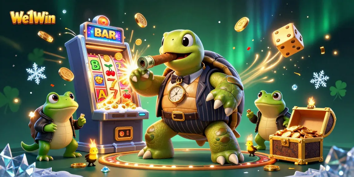 Experience the thrill at We1Win with a vibrant casino scene featuring a mobster turtle and lively gaming elements.